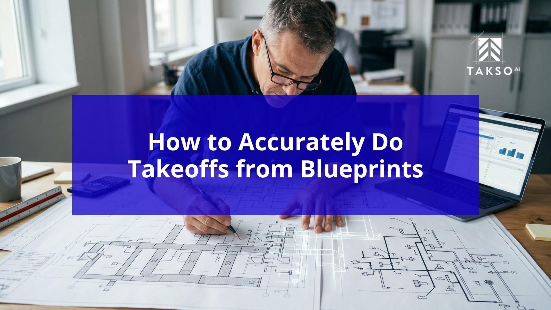 Estimator reviewing large construction blueprints at a desk with laptop and plans, illustrating how to accurately complete takeoffs from blueprints using modern estimating methods