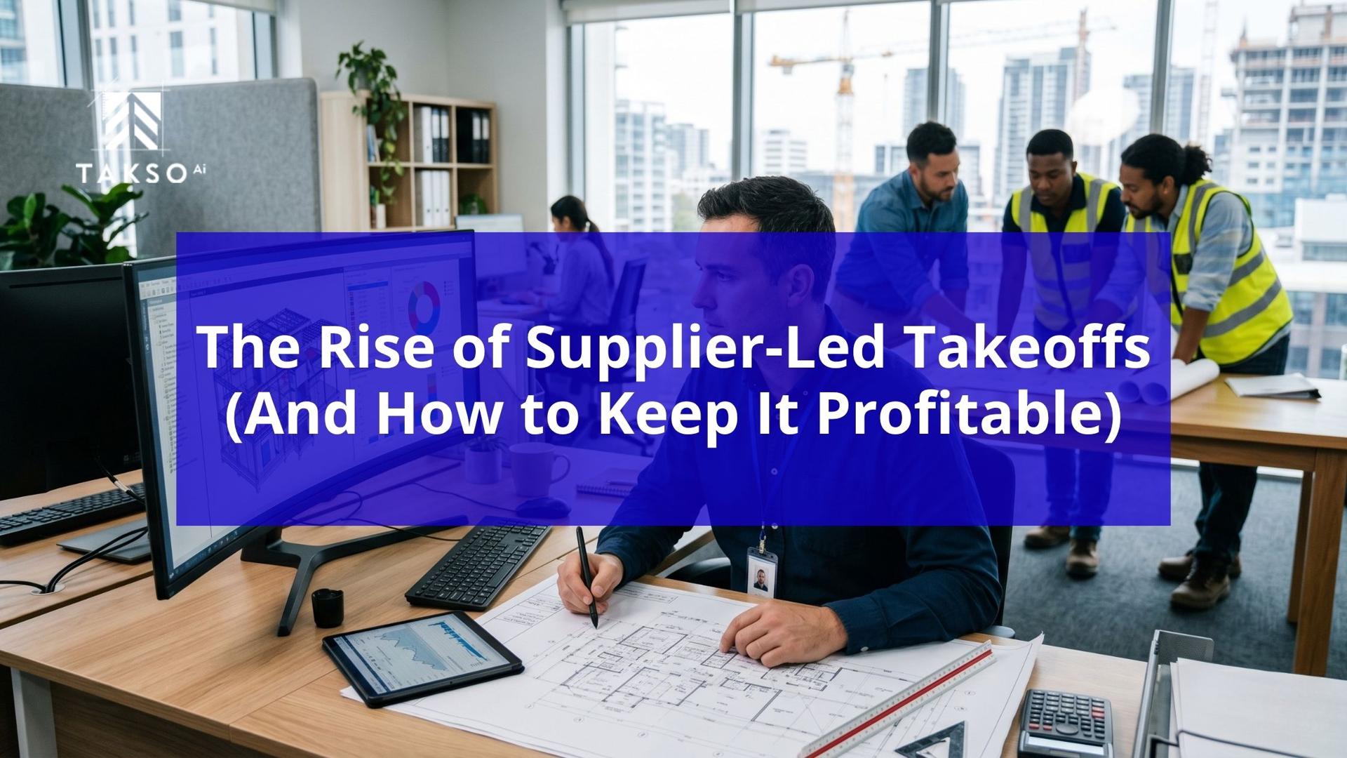 Construction supplier estimator reviewing blueprints at desk while team members collaborate in modern office, illustrating the rise of supplier-led takeoffs and profitable estimating growth with Takso AI