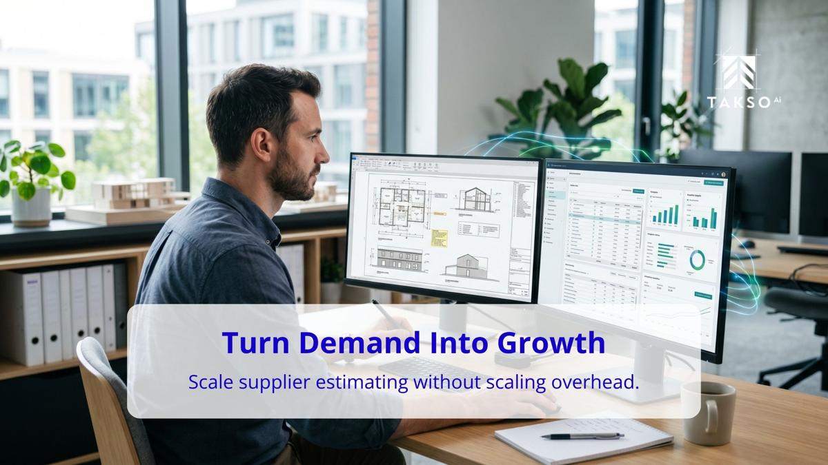 Supplier estimator working at dual monitors displaying construction plans and estimating dashboards, representing how to turn demand into growth by scaling supplier estimating without increasing overhead using Takso AI