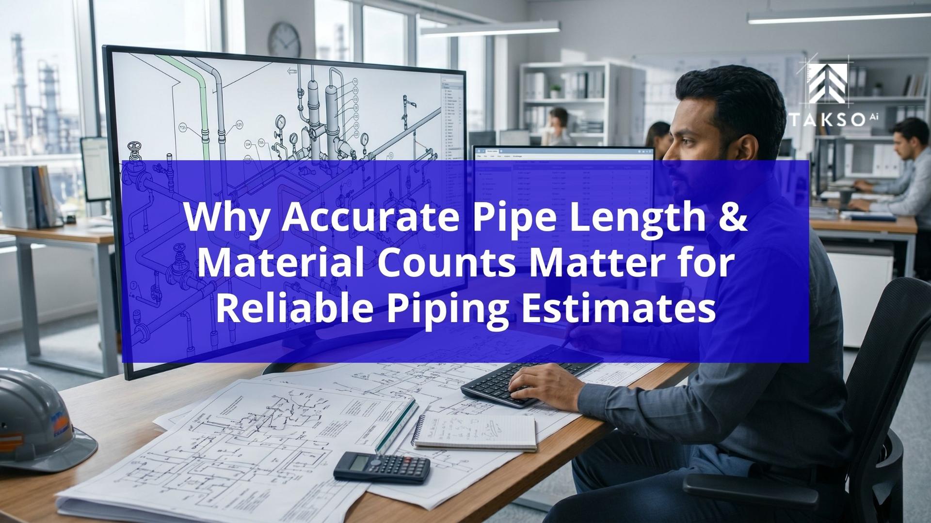 Mechanical estimator reviewing piping drawings on large monitors with blueprints, calculator, and desk plans, illustrating why accurate pipe length and material counts matter for reliable piping estimates