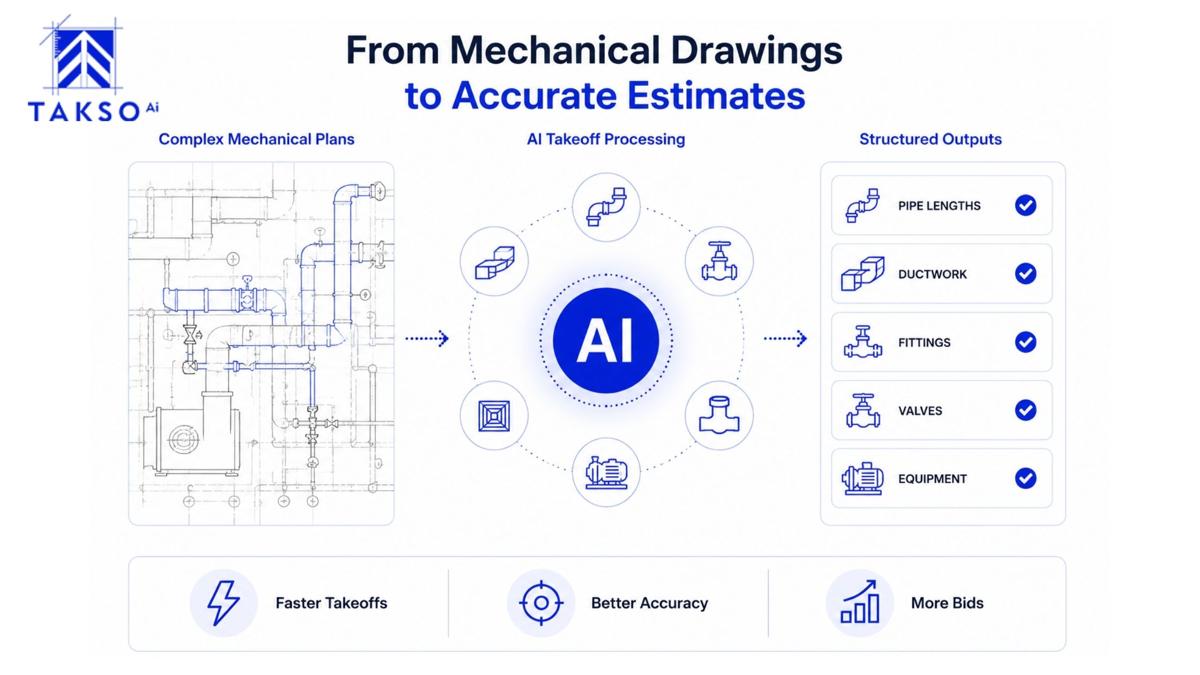 Infographic showing how AI converts complex mechanical drawings into accurate estimating outputs including pipe lengths, ductwork, fittings, valves, and equipment quantities for construction takeoffs
