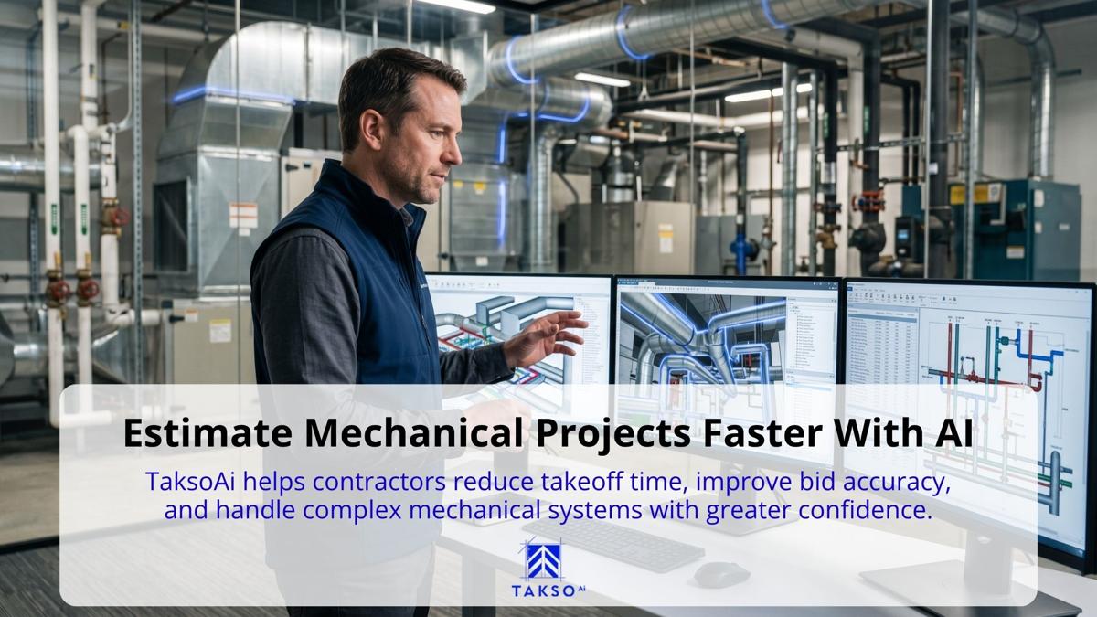 Mechanical estimator reviewing HVAC and piping system models on multiple monitors inside an industrial facility, representing faster AI-powered estimating for complex mechanical projects and improved bid accuracy