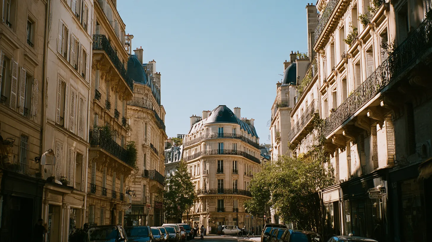 Rue parisienne avec des bâtiments haussmanniens, voitures garées et ciel dégagé en arrière-plan.