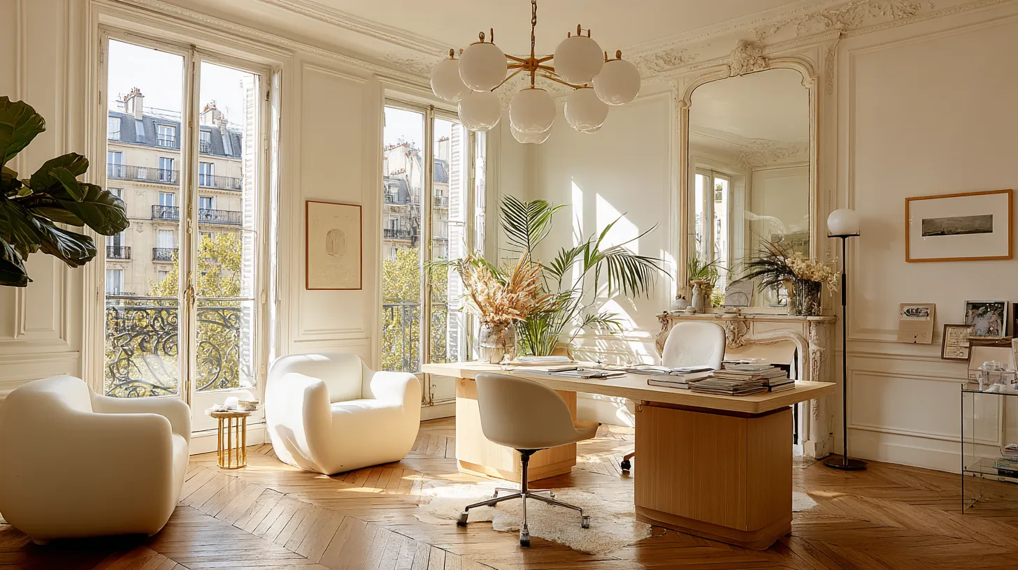 Bureau élégant et lumineux dans un appartement parisien avec parquet en bois, grandes fenêtres, fauteuils blancs et plantes décoratives.