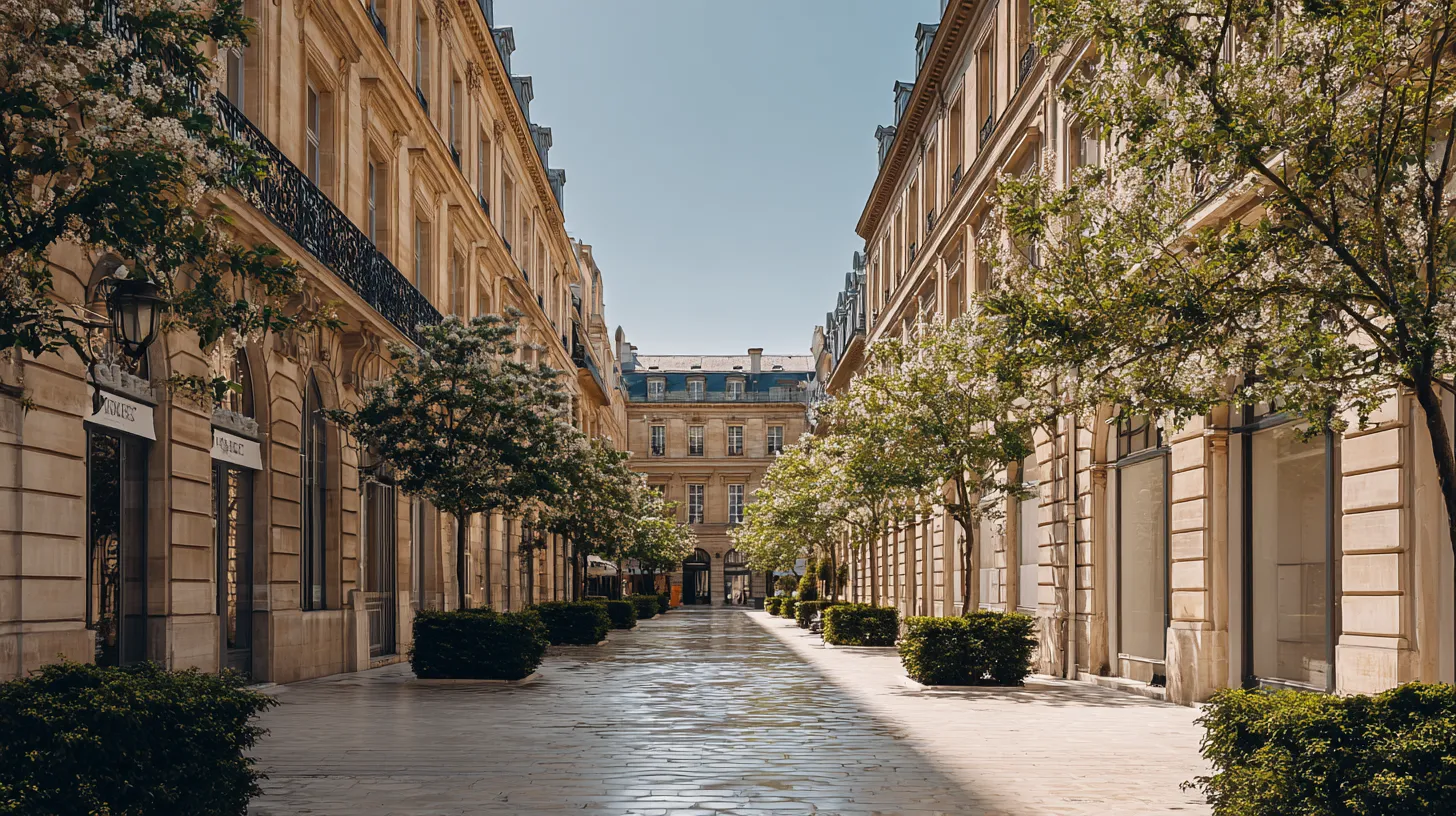 Rue pavée bordée de bâtiments en pierre beige avec des arbres en fleurs et des arbustes taillés sous un ciel bleu clair.