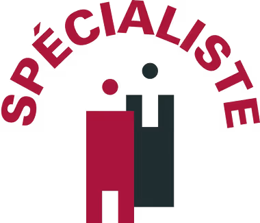 Icônes stylisées de deux personnes avec le mot 'SPÉCIALISTE' en arc au-dessus.