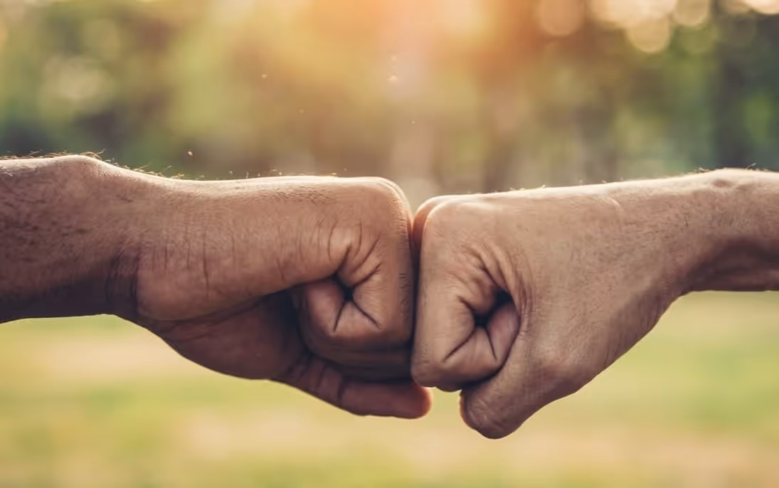 Deux poings se touchant en signe de solidarité ou de salutation en plein air.