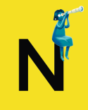 Illustration of a person in blue sitting on the top right of a large black letter N on a yellow background, looking through a telescope.