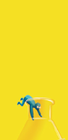 A small figure in blue climbing a large transparent flask against a bright yellow background.