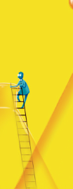 Illustration of a blue figure climbing a tall ladder against a bright yellow background.