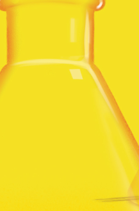 Close-up of a bright yellow glass bottle with a rounded neck and wide base against a solid yellow background.