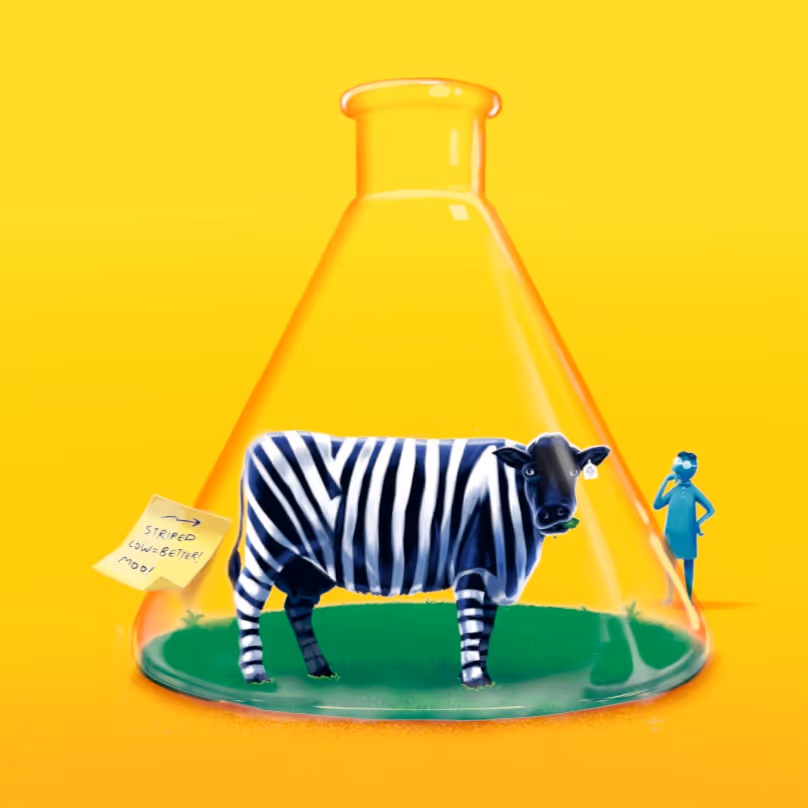 A cow with zebra stripes standing inside a transparent laboratory flask on green ground, with a person in blue observing outside.