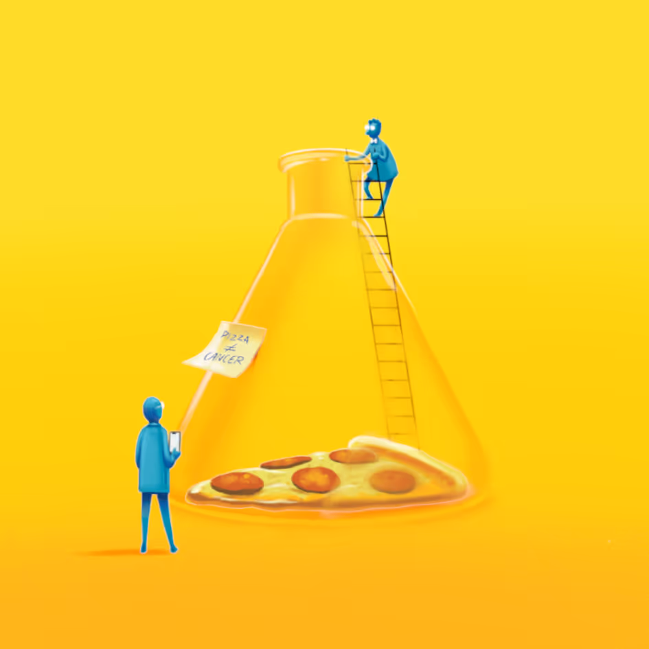 Illustration of two blue figures examining a slice of pepperoni pizza inside a large glass flask with a note reading 'Pizza = Cancer' attached.