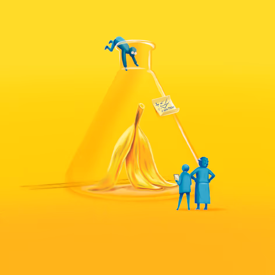 Illustration of a large laboratory flask containing a banana peel with a note reading 'Friction,' while two blue human figures stand observing and another climbs the flask's neck.