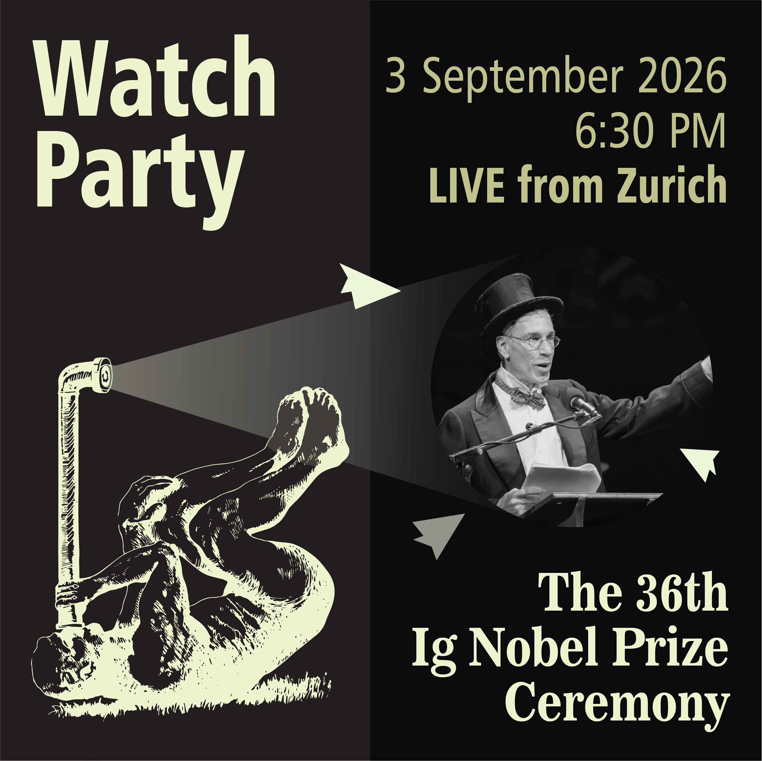 Poster for the 36th Ig Nobel Prize Ceremony watch party on 3 September 2026, 6:30 PM, live from Zurich.