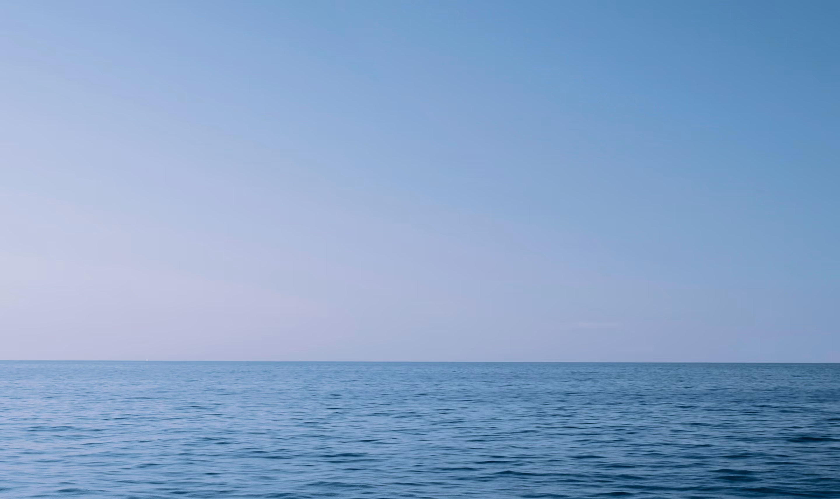 Calm ocean water under a clear blue sky with a visible horizon.