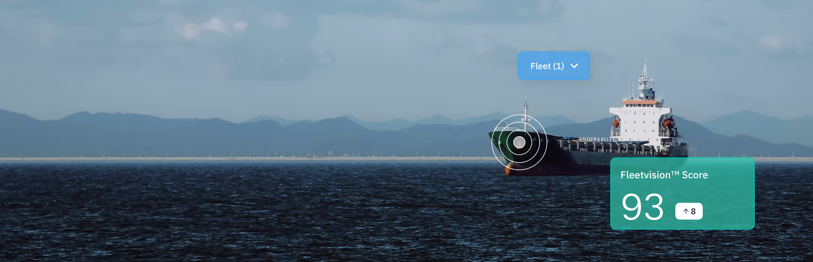 Cargo ship on calm sea with fleet status overlay showing Fleetvision Score 93.