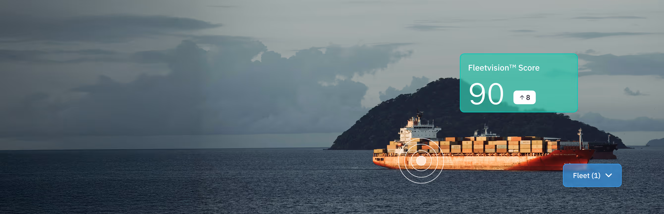 Red container cargo ship sailing near an island under a cloudy sky with Fleetvision Score overlay showing 90 with an increase of 8 and fleet dropdown.