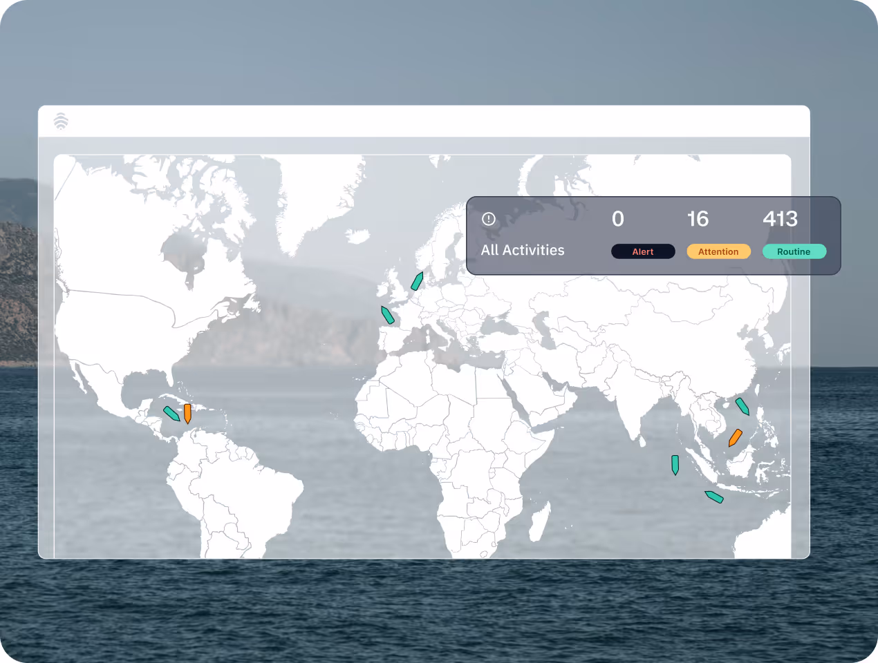 World map showing fleet activity with ship icons marked in green for routine, orange for attention, and counts of alerts, attention, and routine activities at the top right.