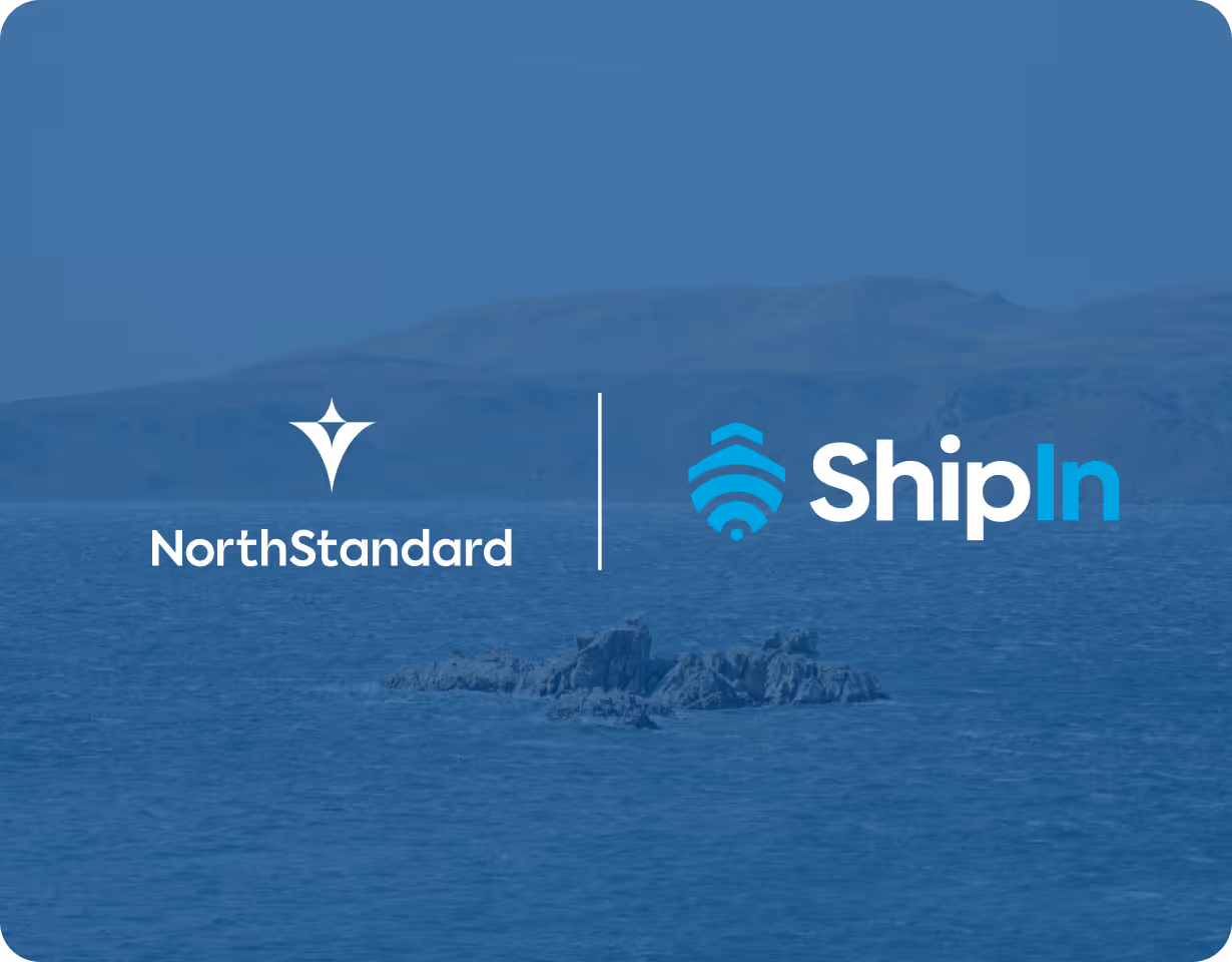 Logos of NorthStandard and ShipIn with a calm ocean and rocky island in the background.