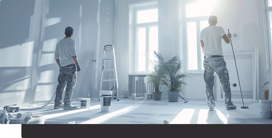 Zwei Handwerker renovieren einen hellen Raum mit großen Fenstern, einem Leiter und Pflanzentöpfen.
