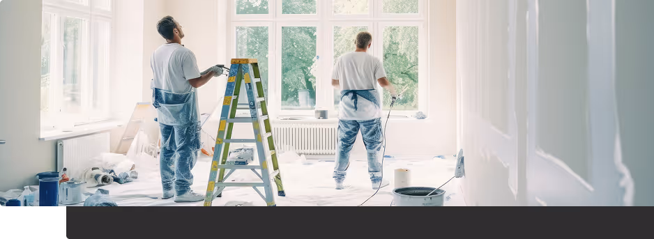 Zwei Maler in Arbeitskleidung, die einen Raum mit großen Fenstern und weißer Grundierung streichen.