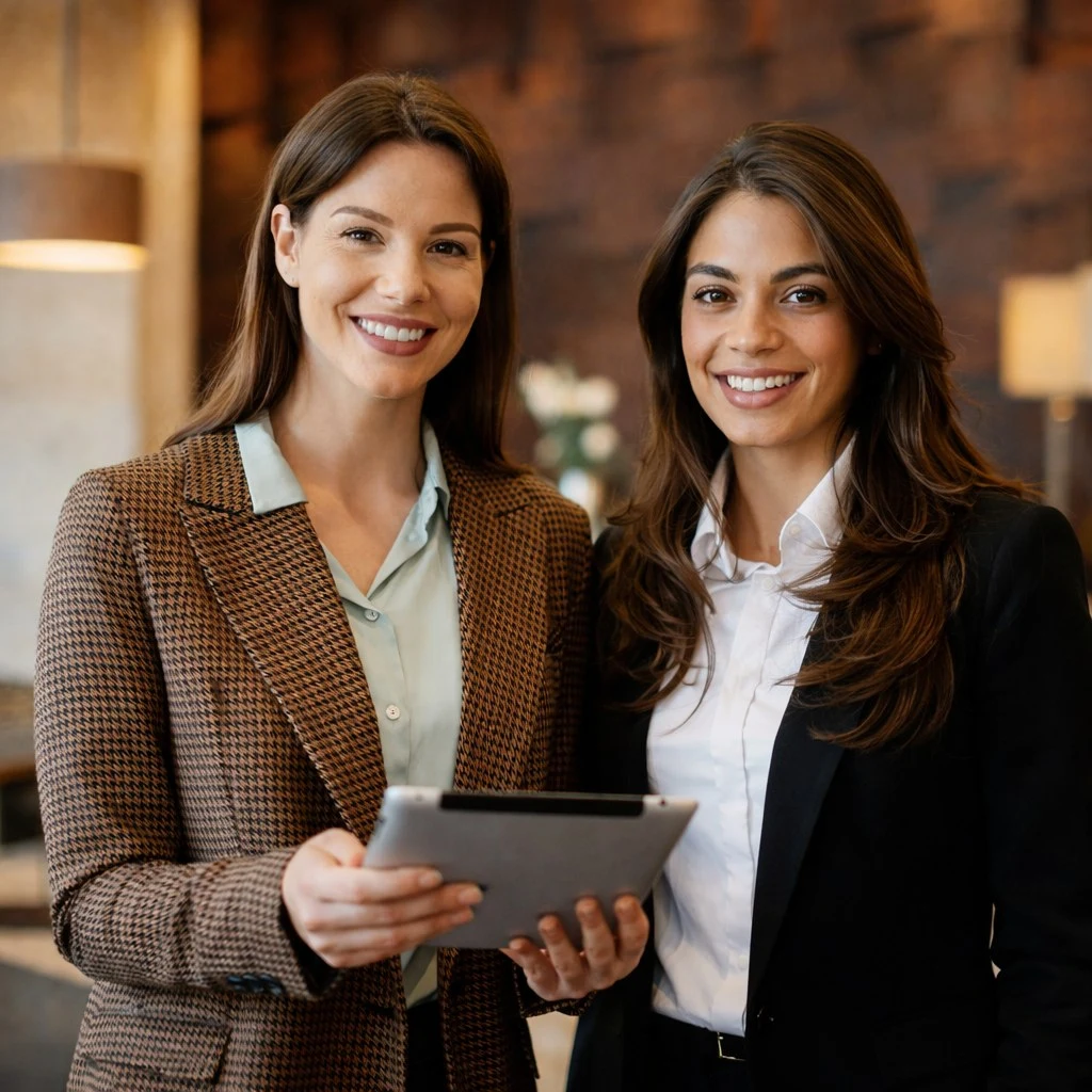 Equipo de Hunter Corredores revisando información con una tablet en una oficina.