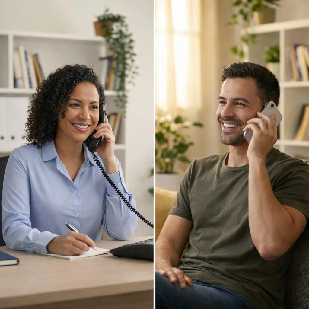 Atención telefónica: asesora de Hunter Corredores dando seguimiento y cliente en casa en llamada.