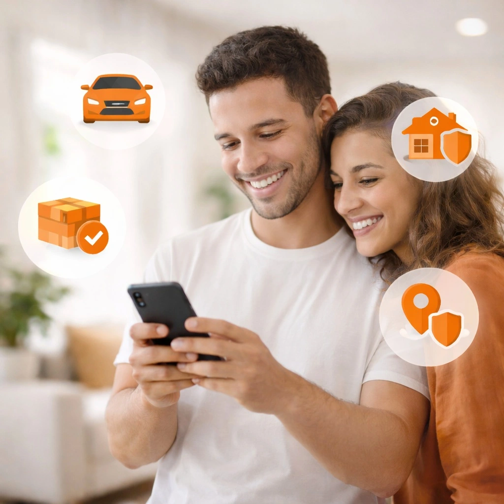 Pareja revisando beneficios del ecosistema HUNTER desde el celular con íconos de auto, hogar, envíos y GPS.