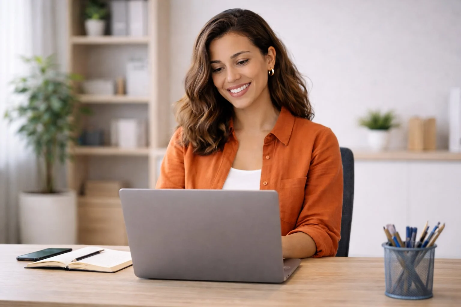 Asesora de Hunter Corredores atendiendo y gestionando una consulta desde su laptop.