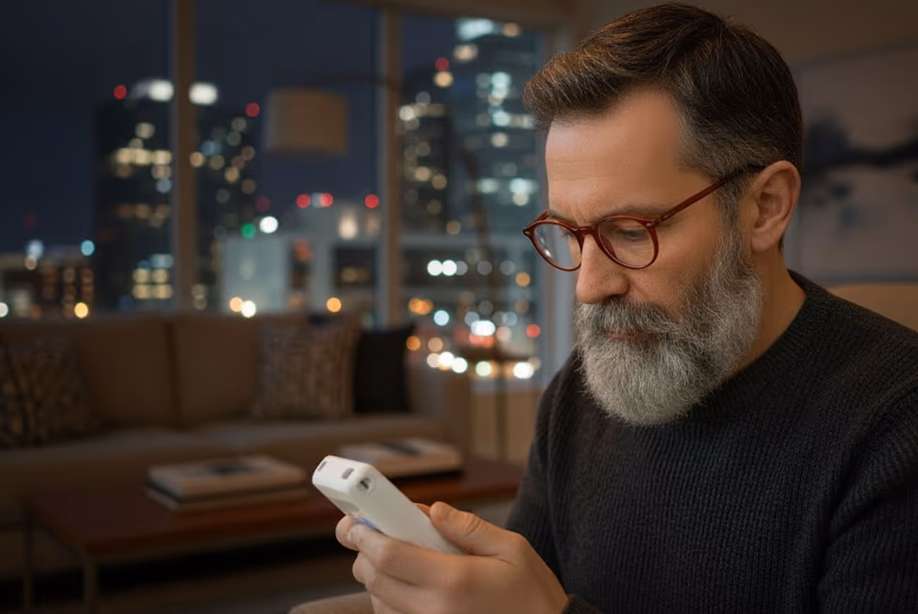 A thoughtful, professional-looking bearded man wearing glasses is holding a compact, white electronic breathalyzer device in a modern apartment setting at night. He is carefully examining the device.
