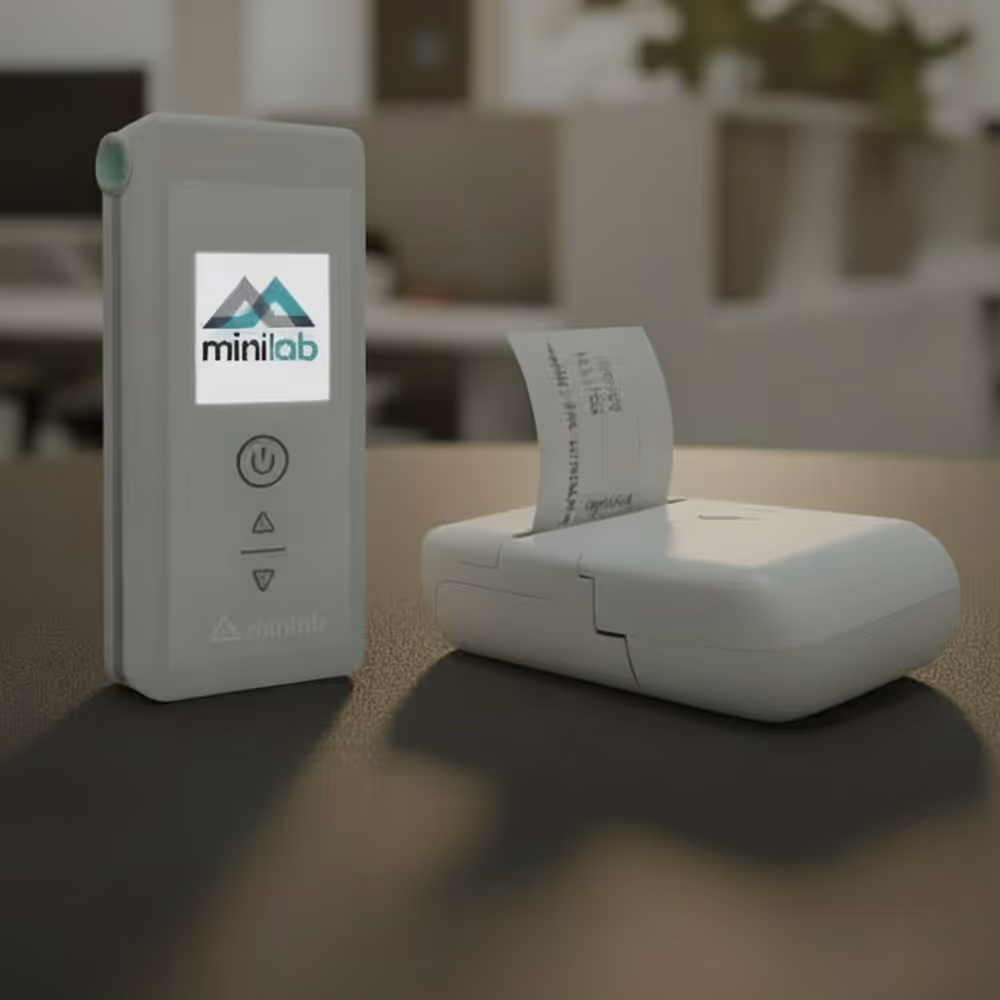 Minilab IQ device next to a compact Bluetooth thermal printer producing a physical test receipt. Text mentions it's ideal for workplaces requiring documented alcohol testing records.