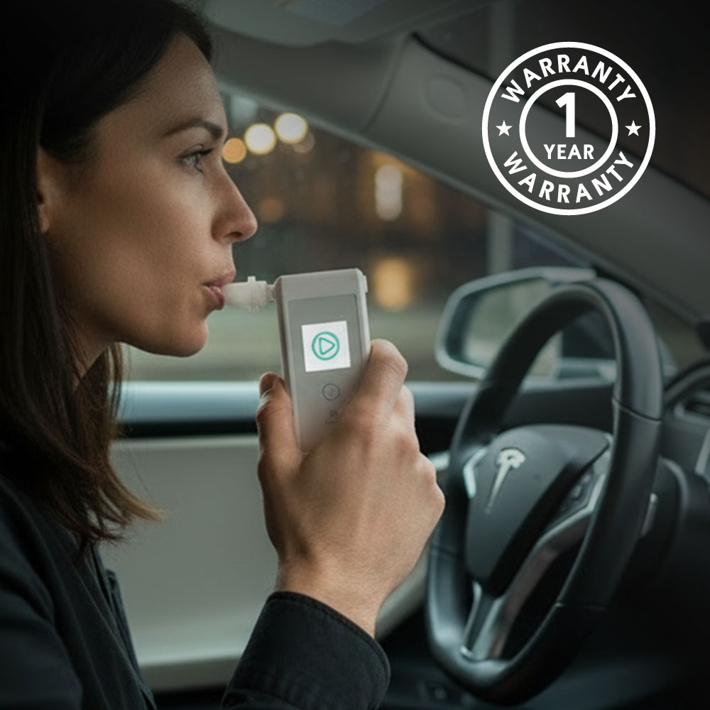 A woman in a car using the Minilab IQ breathalyzer, featuring a "1 Year Warranty" seal. Text mentions that servicing, calibration, and support are provided by Minilab Healthcare in Ireland.
