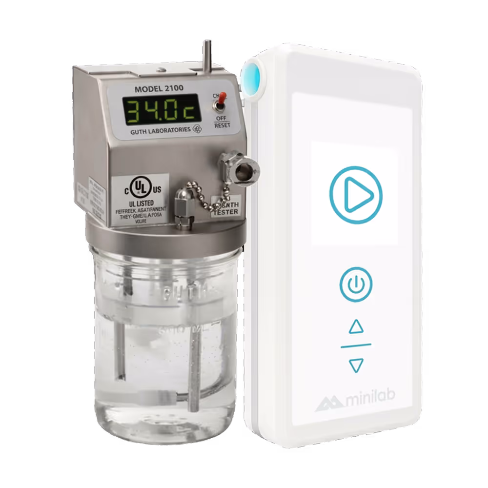 Service card for "IQ Calibration." The image shows a Minilab IQ device next to a Guth Laboratories Model 2100 simulator used for lab calibration. The service includes return shipping and logging the calibration date on the device. Price: €24.99.