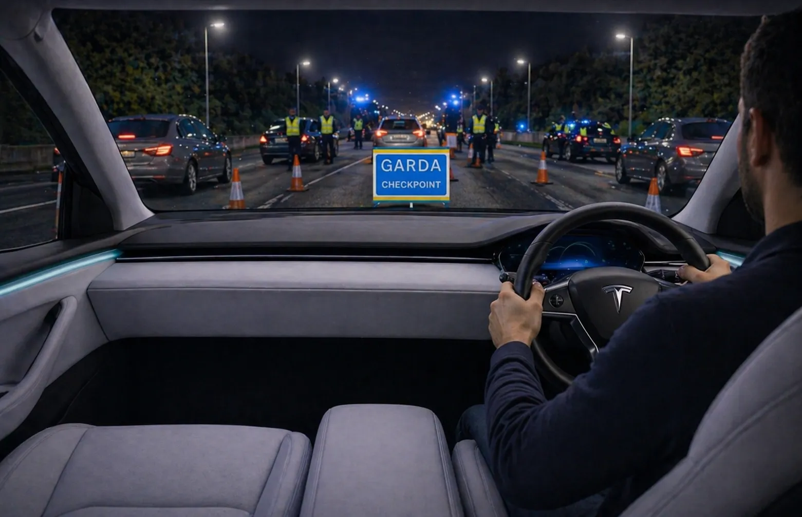 Minilab website background image depicting a police vehicle checkpoint at night, setting the context for an Irish 'Garda-grade' breathalyzer.