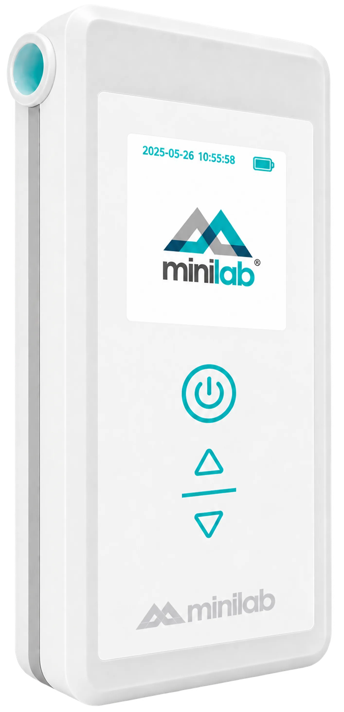 Close-up product image of the floating, white Minilab professional fuel cell breathalyzer device, highlighting its clean, ergonomic design and modern interface.
