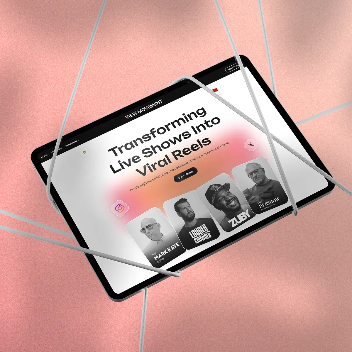 Tablet screen showing View Movement website with headline Transforming Live Shows Into Viral Reels and photos of four hosts on a pink background.
