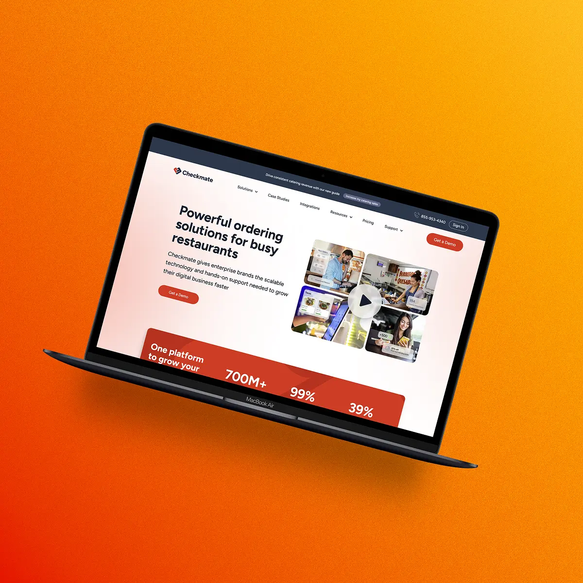 MacBook Air laptop showing Checkmate website homepage with text about ordering solutions for restaurants on an orange gradient background.