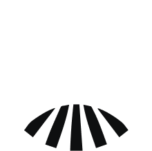 Black and white graphic of a rising sun with rays extending upward above a curved horizon.