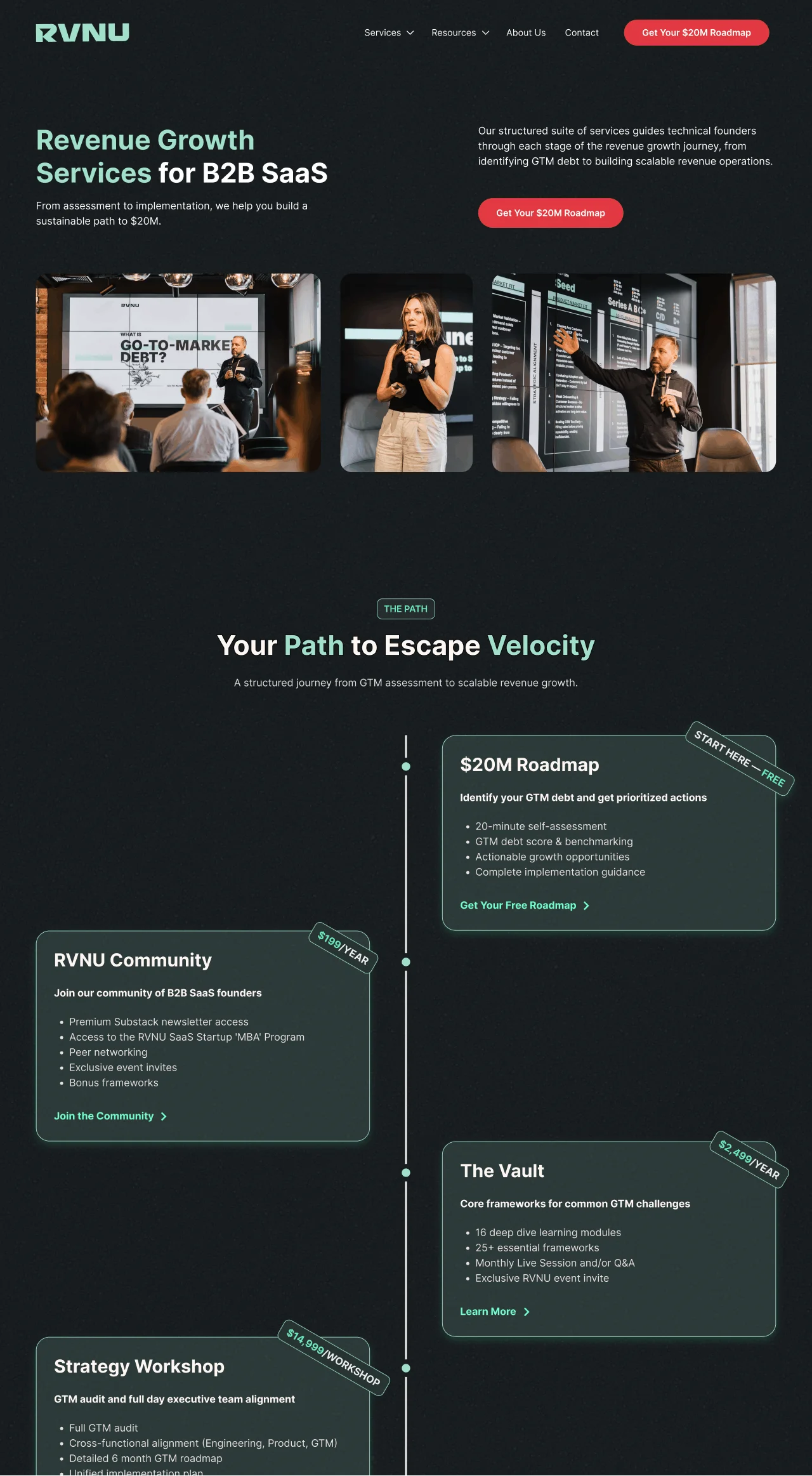 RVNU webpage showing B2B SaaS revenue growth services with images of people presenting and a timeline outlining Path to Escape Velocity service tiers including $20M Roadmap, RVNU Community, The Vault, and Strategy Workshop.