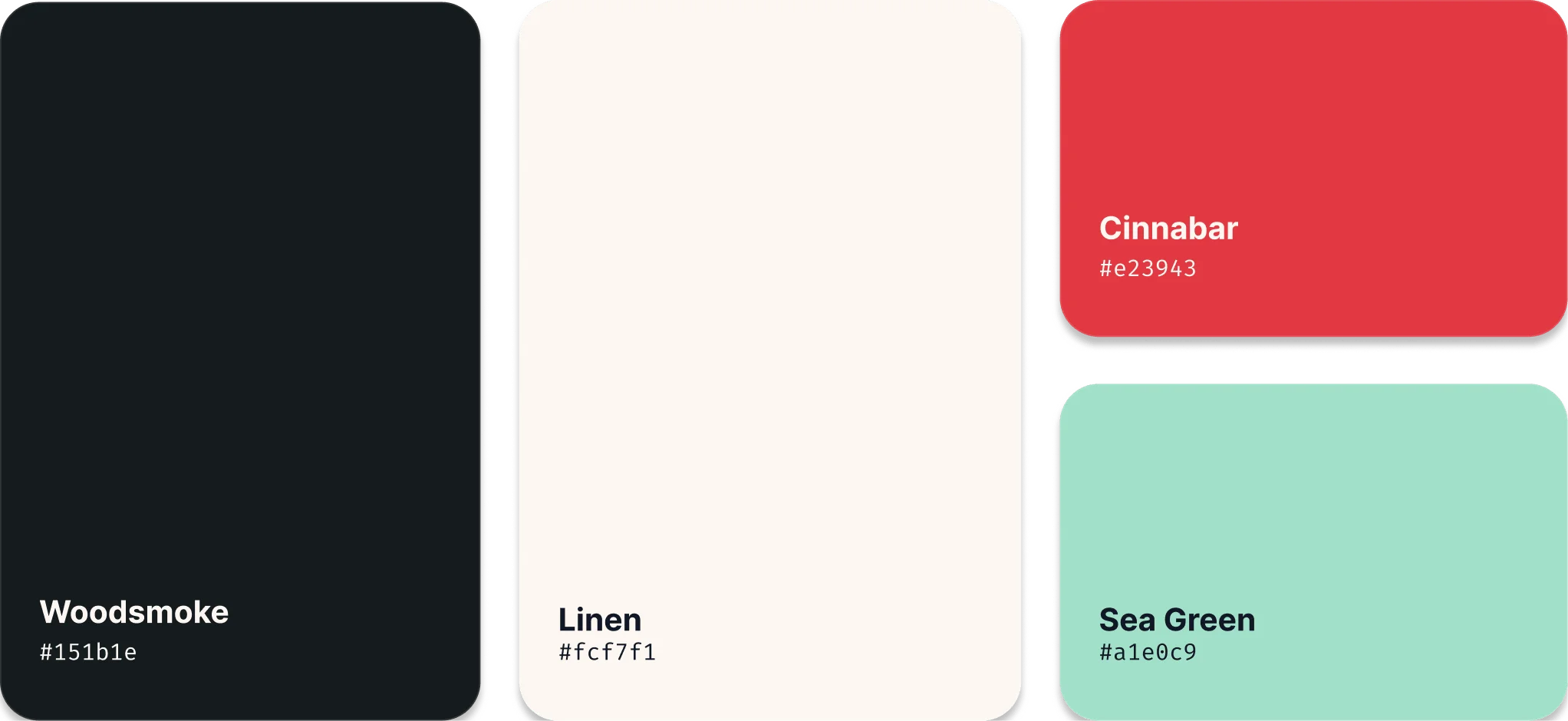 Four color swatches labeled Woodsmoke (#151b1e), Linen (#fcf7f1), Cinnabar (#e23943), and Sea Green (#a1e0c9).
