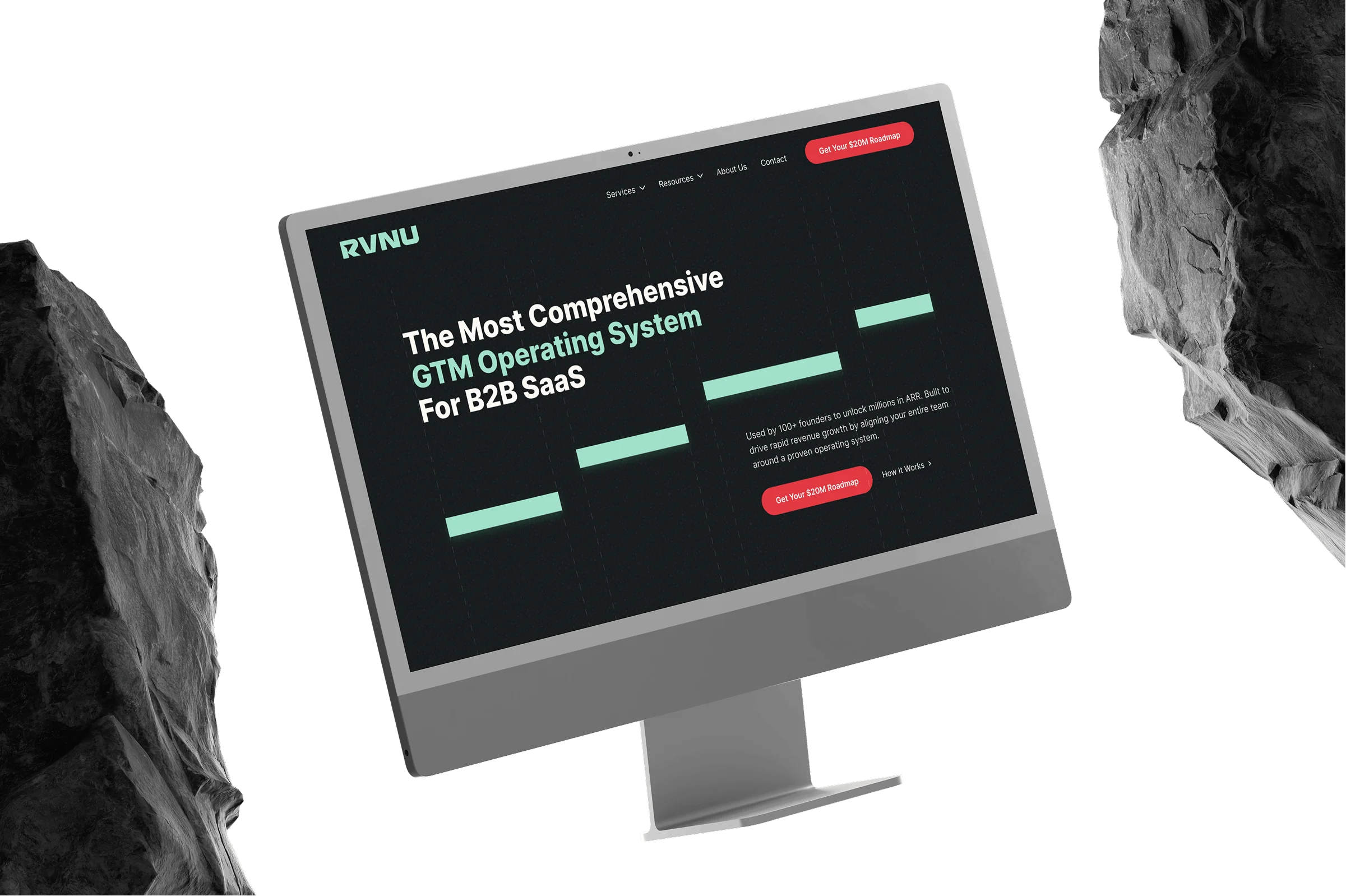 Computer screen displaying RVNU website homepage with headline about comprehensive GTM Operating System for B2B SaaS and a red button to get a $20M roadmap.