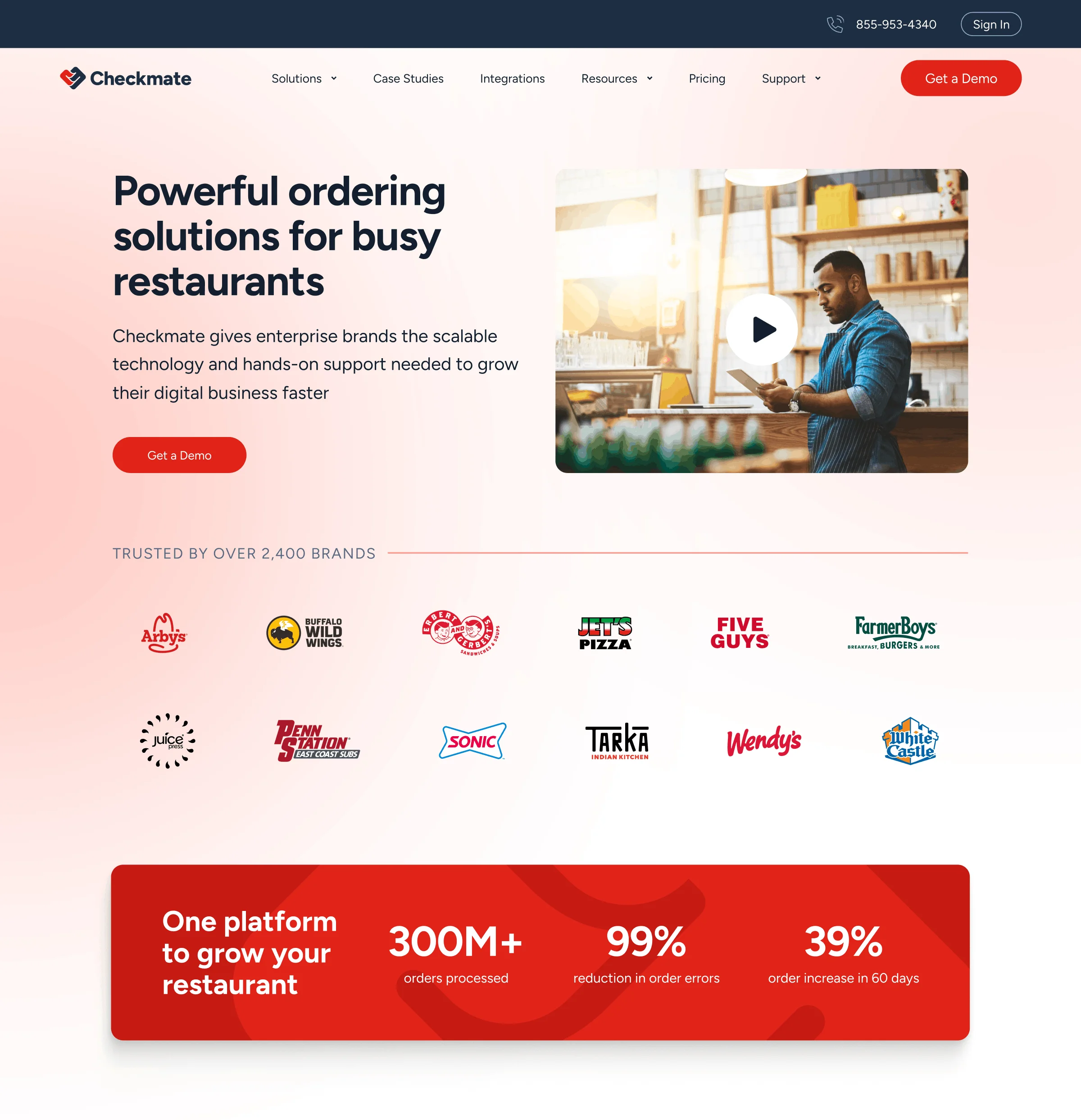 Checkmate website homepage showing ordering solutions for busy restaurants with brands logos and key stats about orders processed, error reduction, and order increase.