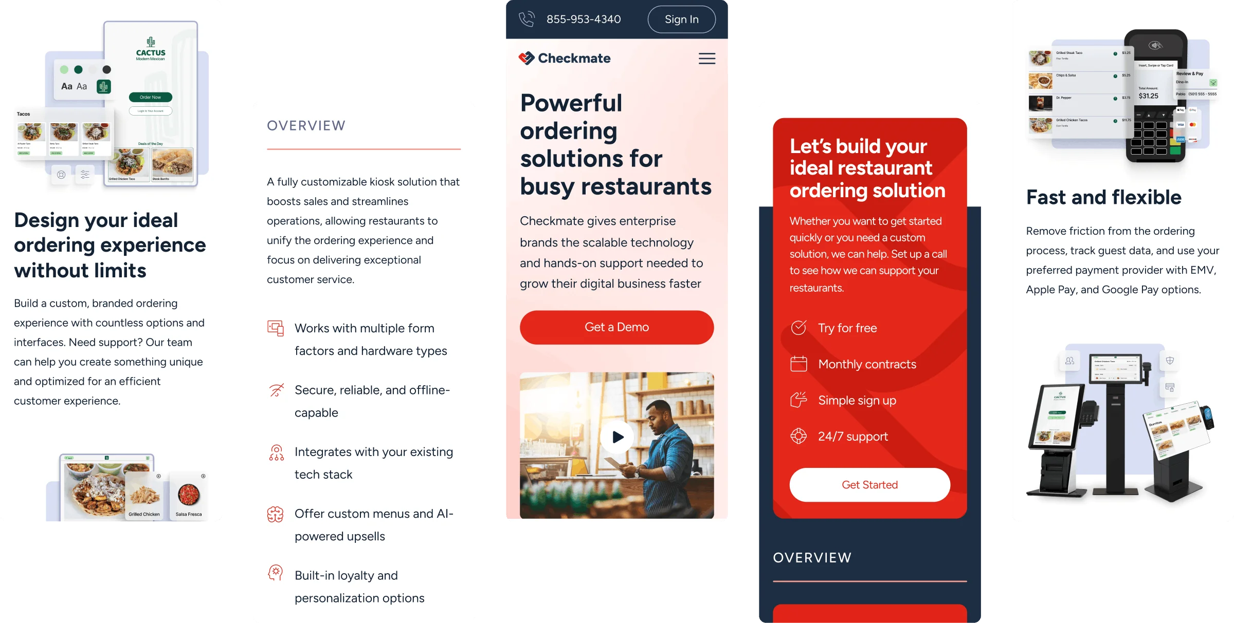 Collage of mobile and kiosk restaurant ordering solutions showcasing customizable interfaces, Checkmate branding, features overview, and payment terminal with menu items.