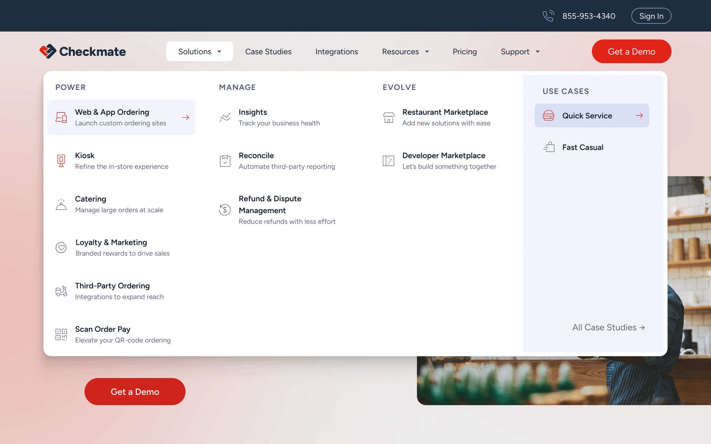 Checkmate website navigation menu with sections for Power, Manage, Evolve, and Use Cases, featuring options like Web & App Ordering, Insights, Restaurant Marketplace, and Quick Service.