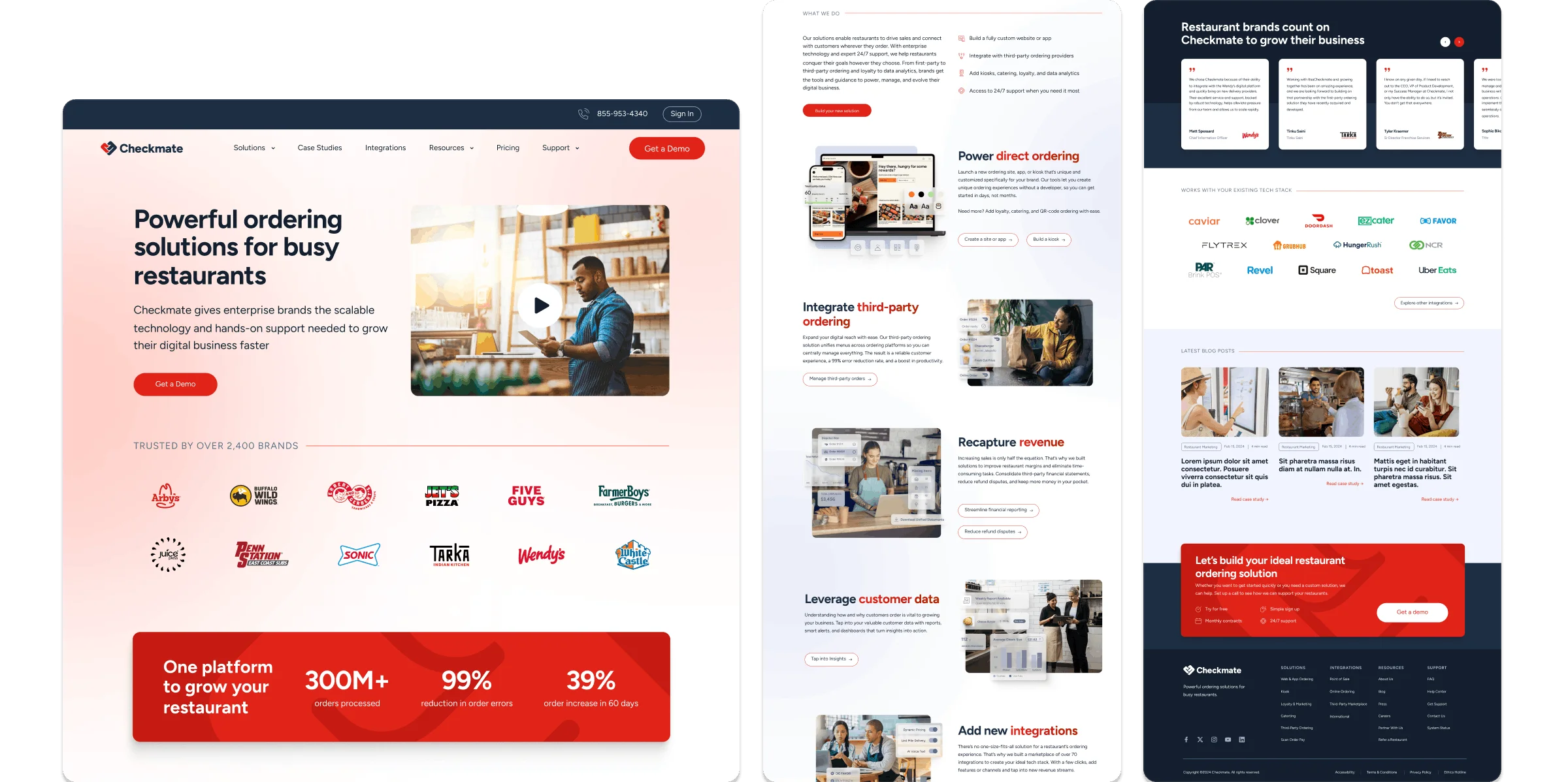 Checkmate website homepage showcasing powerful ordering solutions for busy restaurants, trusted by over 2,400 brands with stats on orders processed and error reduction.