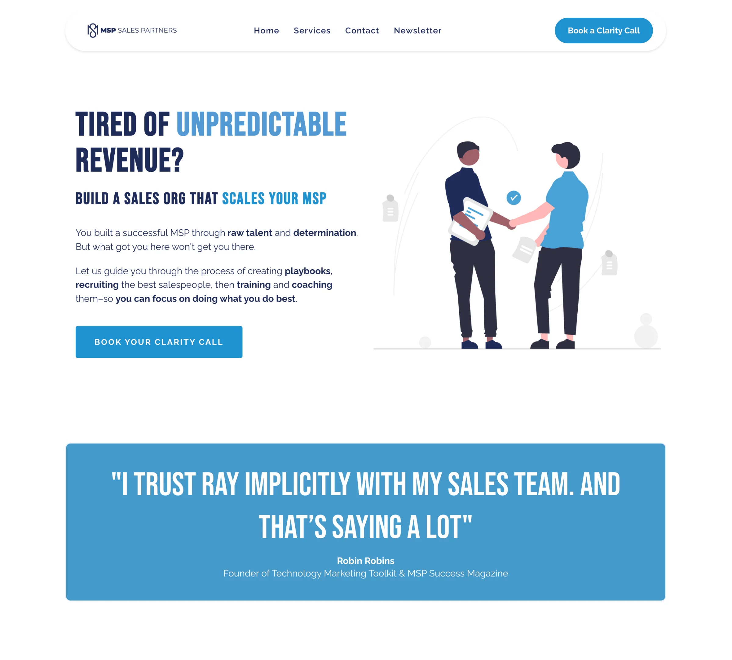 Website header with MSP Sales Partners logo, navigation menu, and call-to-action to book a clarity call; text offers help building a sales org for MSPs and includes a testimonial from Robin Robins; illustration of two people shaking hands.