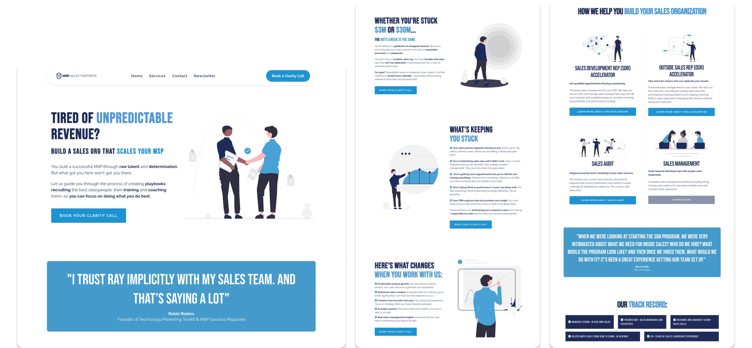 MSP Sales Partners webpage showing sales growth solutions with sections on unpredictable revenue, bottlenecks in scaling sales, what keeps businesses stuck, benefits of working with the company, sales organization accelerators, sales audit, sales management, and client testimonial.