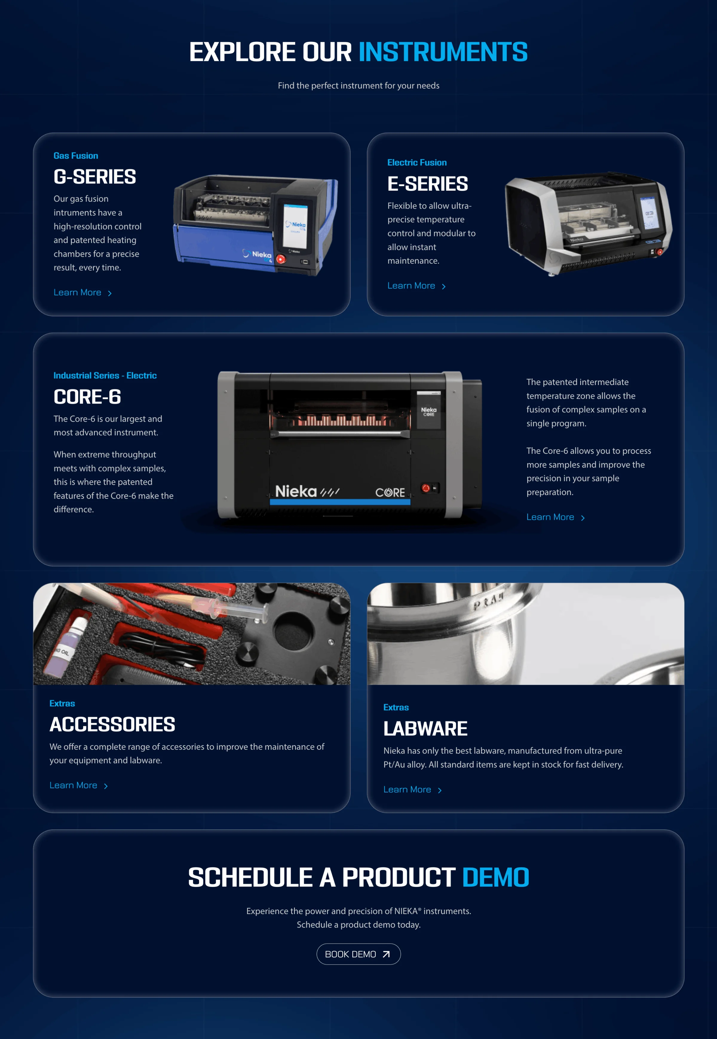 NIEKA instruments product lineup showing G-SERIES gas fusion, E-SERIES electric fusion, CORE-6 industrial electric series, accessories kit, and labware, with a call to schedule a product demo.