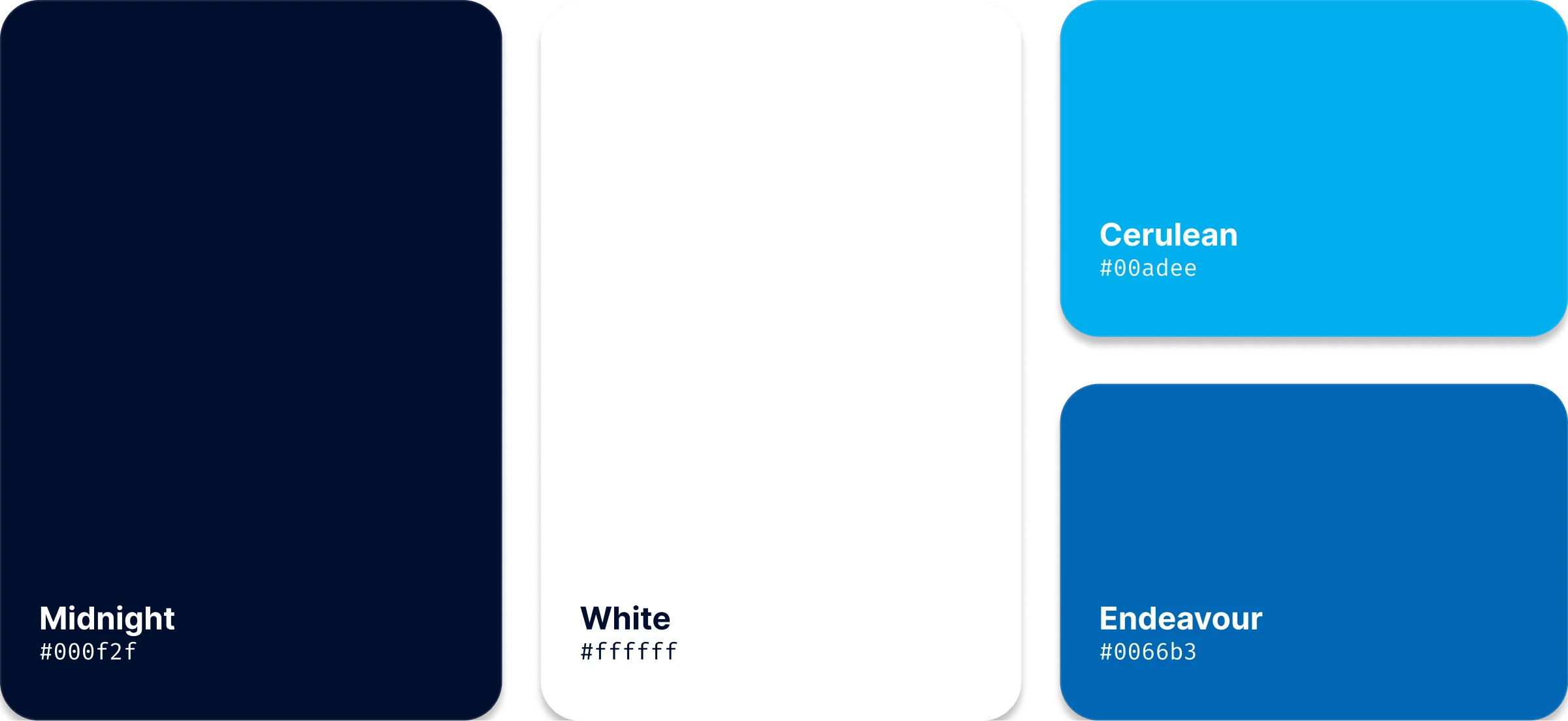 Color palette squares labeled Midnight (#000f2f), White (#ffffff), Cerulean (#00adee), and Endeavour (#0066b3).